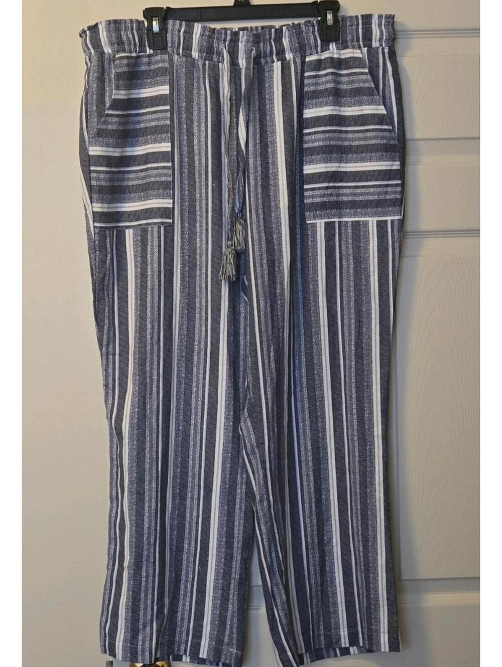 Beau Dawson Striped Linen Pants Blue White Sz XL Elastic Wide Leg Beach Coastal